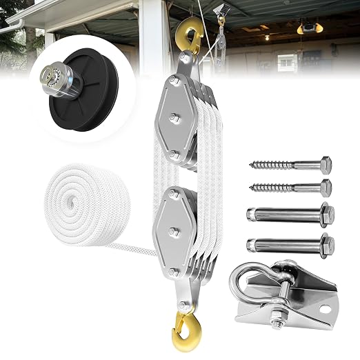 YATOINTO Rope Pulley Hoist 4400 LB, 8:1 Power Pulley Block and Tackle System, Pulley Block 65ft, Rope Hoist for Garage Warehouse Constructions with 1 Swing Hanger 2 Screws 2 Expansion Bolts