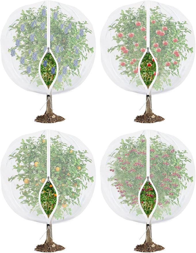 Fruit Tree Netting with Zipper - 4Pcs 5.3 x 6 FT Garden Bird Netting for Blueberry Bushes with Drawstring,Insect Plant Protection Mesh Net Bags for Tomato,Flowers,Animals,Cherry (4, 5.3 x 6 FT)