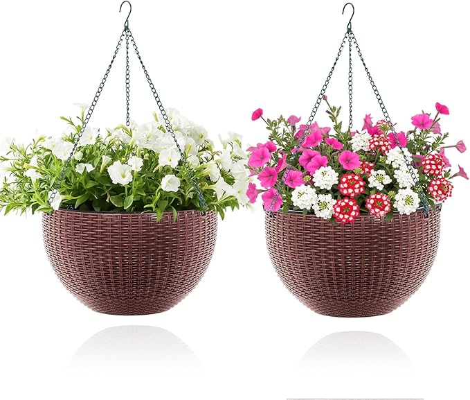 13.8 Inch Self Watering Hanging Planter, 2PCS Round Resin Hanging Basket for Indoor Outdoor Plants, Rattan Look Flower Pot with Drainage Plug, Deep Inner Pot and Sturdy Metal Triple-Chain Hanger