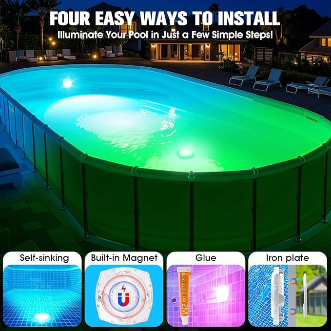 Rechargeable Submersible Pool Lights with Remote, 5000mAh Underwater Led Pool Light for Above Ground Pool Lights Waterproof, 9 Modes Color Changing Magnetic Swimming Inground Pool Lights-2PC