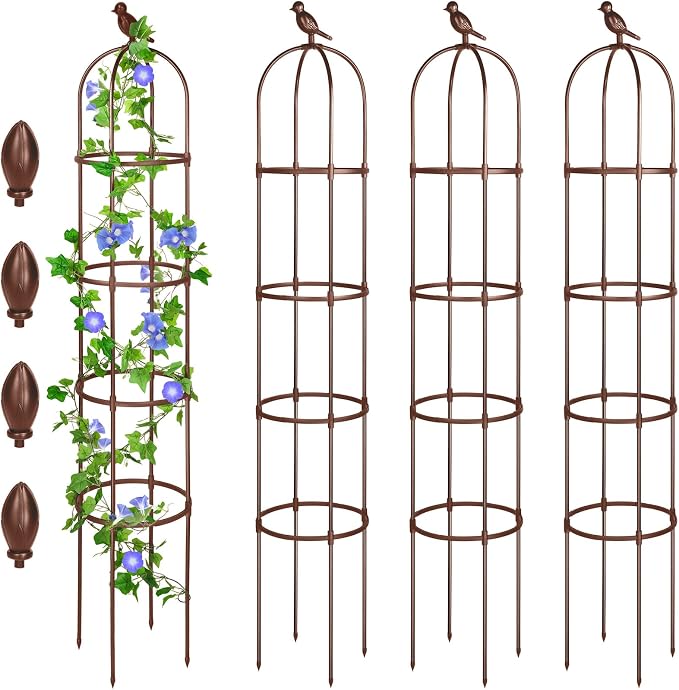 Sadnyy 4 Pack 6 ft Garden Obelisk Trellis for Climbing Plants Outdoor- Heavy Duty Rustproof Metal Pipe with Plastic Coated Plant Trellis for Clematis Grape Pea Vines Tomatoes Cucumbers Flowers(Brown)