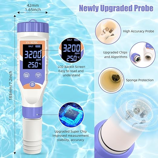7-in-1 Digital Water Tester – Chlorine, pH, Salt, ORP, EC, TDS & Temp Meter for Pools, Spas & Hydroponics，Chlorine
