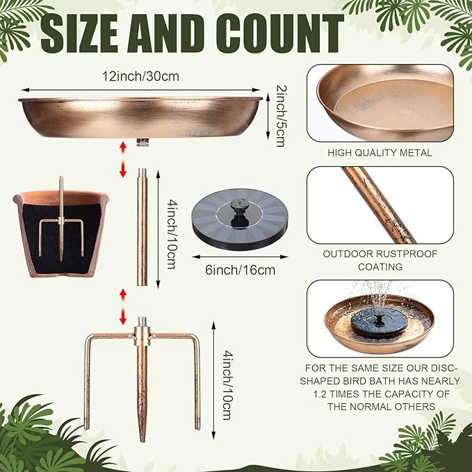 Metal Bird Bath for Outside Planter with Solar Fountain, Vintage Freestanding Birdbaths & Birdfeeder Adjustable Height with 2 Stakes, Antique Bronze Garden Patio Balcony Backyard Decor