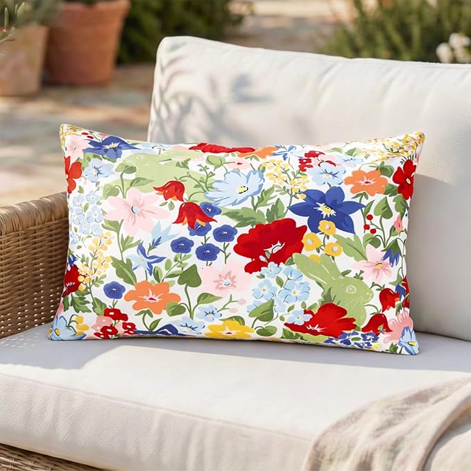 Adabana Spring Outdoor Waterproof Floral Pillow Covers Set of 2 Square Colorful Couch Cushion Cases 20x12 Inch Waterproof Decorative Pillows for Patio Garden Beach,Colorful