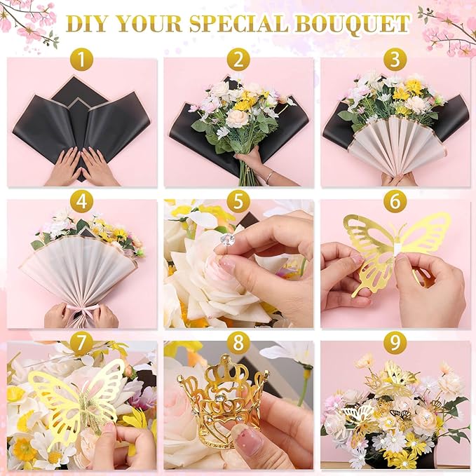 Tetutor 206 Sheets Waterproof Flower Wrapping Paper,Bouquet Wrapping Paper Sheets, Floral Wrappings Papers Bouquet with Ribbons Flower Pins 3d Butterflies and Crowns for Florist Wrap Back Pink