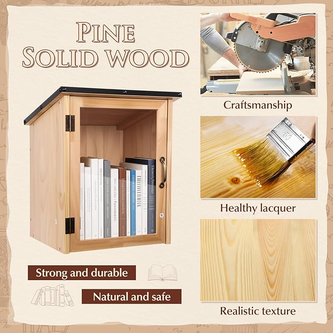 FAHKNS Little Library Box Outdoor, Waterproof Outdoor Library Book Box, Little Wood Cabinet for Sharing Books, Art Literature and Newspapers with Neighborhoods, Community and Schools