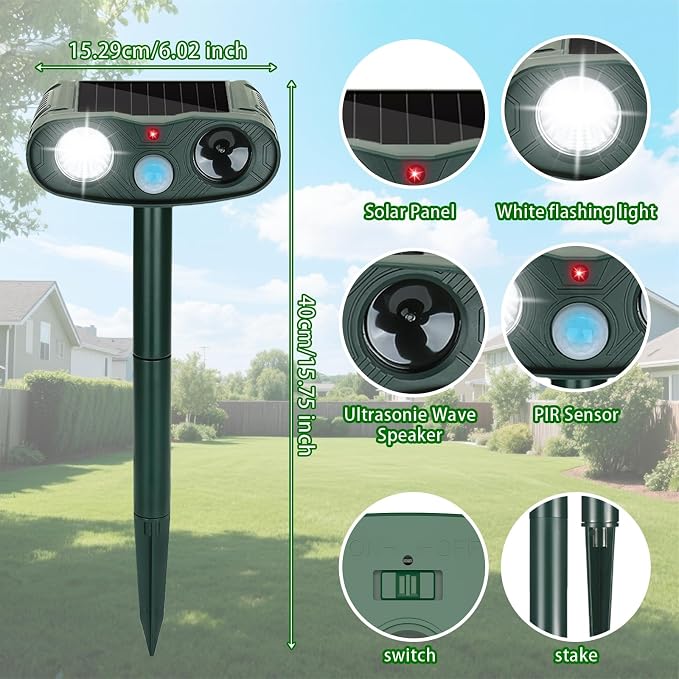 4-Pack Solar Animal Repellent Outdoor: Sonic Fortress Pro Deer Repellent Devices&Ultrasonic Cat Repeller for Yard & Garden, Waterptoof Raccoon Squirrel Deterrent with LED Flash Lights