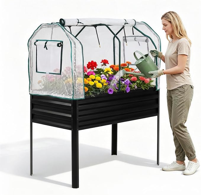 48×24×56in Galvanized Elevated Raised Garden Bed with Legs, Greenhouse Cover & Bird Net, Deep Metal Raised Planter Box for Backyard Patio Balcony Vegetables Herbs Flowers