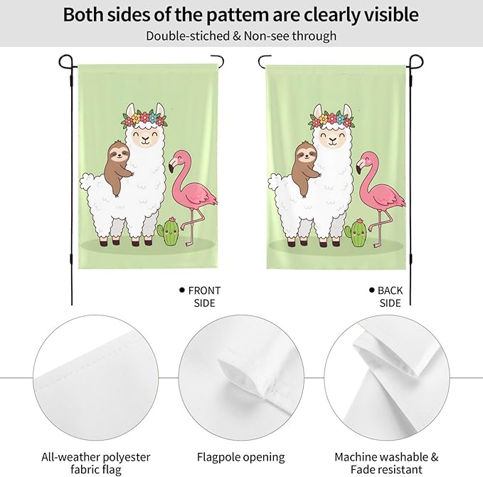 Delerain Llama Sloth Flamingo Garden Flag, 12.5 x 18 Inch Double Sided Design Weather Resistant Indoor & Outdoor Decoration Small Banner for Home Yard Lawn Patio Office