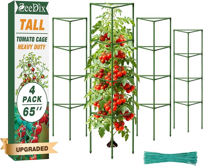 ZeeDix 4 Pack Heavy Duty Tomato Cages 65 Inch, Large Tall Plant Support Stakes for Climbing Plants Heavy Vegetables, Adjustable Tomato Trellis for Pots & Outdoor Raised Garden Beds