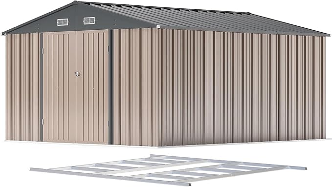 Patiowell 10 x 12 FT Outdoor Storage Shed with Floor Frame, Large Metal Shed Storage with Lockable Doors and Steel Frame, Utility Tool Outside Storage Shed for Garden, Patio, Backyard, Brown
