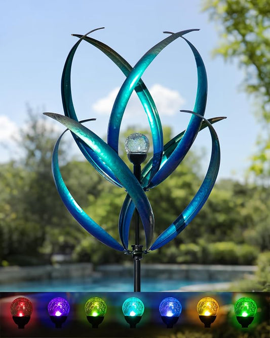 Lariander Outdoor Wind Spinners with Solar Light, 82'' Metal Large Spinner Yard Art, Peacock Blue Wind Sculptures for Garden Lawn Patio, Gifts for Family