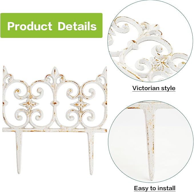 Sungmor Decorative Cast Iron Garden Edging, 4 Pack Rustic White Victorian Garden Edging Landscape Border, Vintage Metal Yard Stake Low Picket Fence, 10.6" Tall Outdoor Flower Bed Lawn Fence Panels