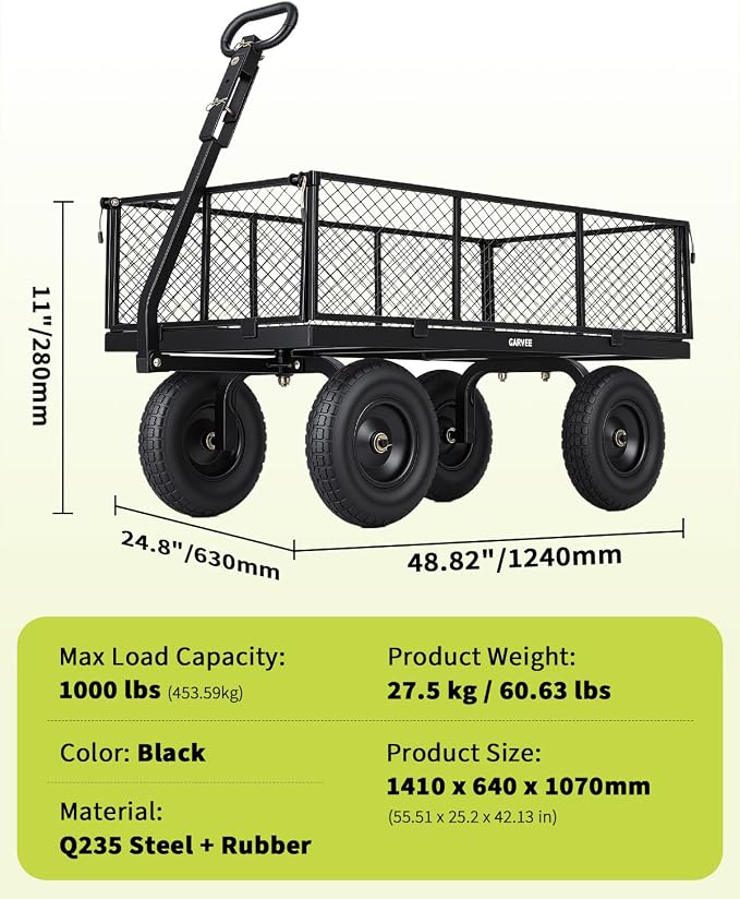 Garvee Versatile Outdoor Utility Cart-1000LBS Heavy-Duty, 13" All-Terrain Pneumatic Tires, Vehicle-Connectable, Easy Maneuverable Lawn Cart with Removable Mesh Panels for Gardening & Landscaping,Black