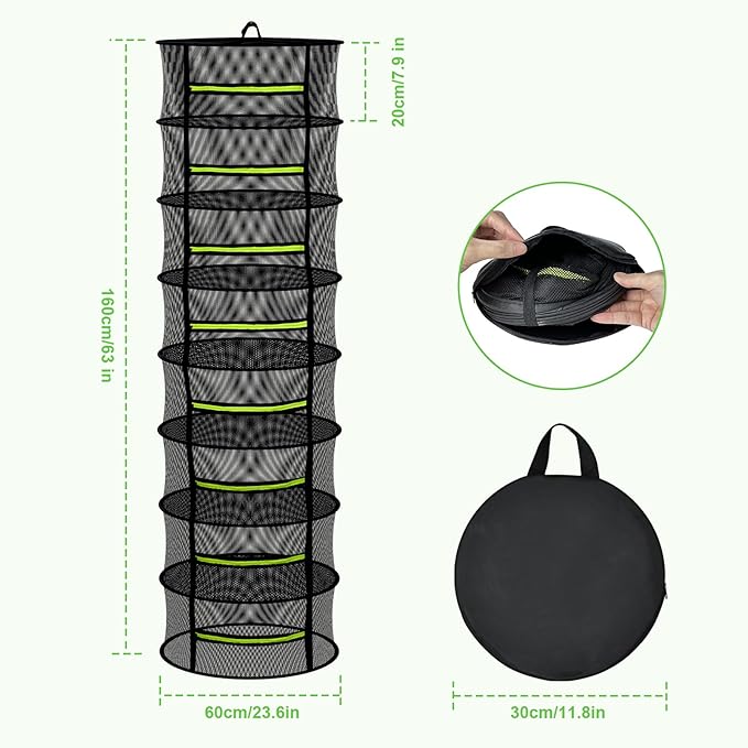MEKOLIFE Herb Drying Rack Hanging-8 Layer, Collapsible Large Capacity Mesh Net with Green Zipper, Hooks & Bonus Garden Scissors, for Fresh Herbs/Flowers/Plants, Indoor Outdoor Use (23.62")