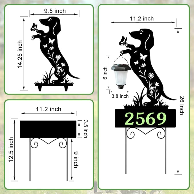 Solar House Numbers for Outside,Dachshund Address Signs for Houses Yard | Metal Dog Glow in The Dark Decorative Outdoor Ornaments for Garden Stakes,Lawn,Pathway,Patio