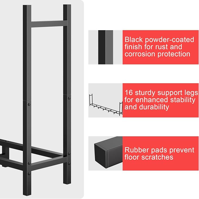 DIAMONDFORGE 8ft Firewood Rack Outdoor with Cover, Heavy Duty Fire Wood Stand, Metal Firewood Rack Indoor, Firewood Holder Storage, Log Wood Pile Racks Stand for Patio, Garden, Backyard, Matte Black