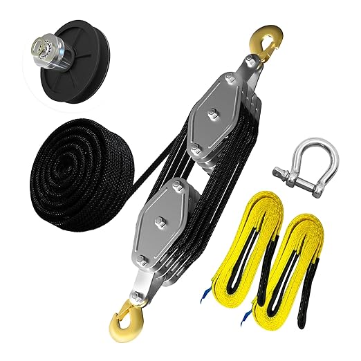 YATOINTO Upgraded Rope Hoist Pulley System, 4400LBS Block and Tackle with 304 Stainless Steel Shackle 2PCS Lift Sling, 8:1 Power 65ft Heavy Duty Pulley Block for Lifting Garage Warehouses Building