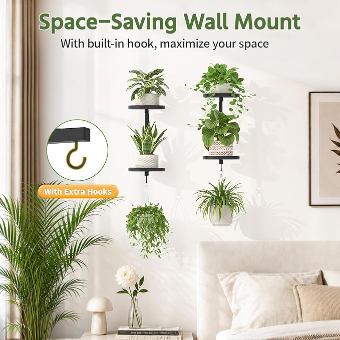 LASZOLA Plant Hangers Holder Wall Mounted Indoor, Metal 2 Tier Window Hanging Plant Shelves, 2Pcs Modern Floating Flower Display Stand with 2 Hooks for Outdoor Kitchen Bathroom Decor, Black