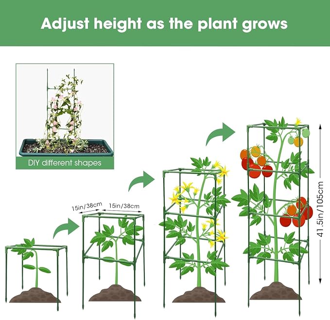 MQUPIN Tomato Cages,4 Packs Square Tomato Cage for Garden Plant Support,41 * 15 * 15in Heavy Duty Steel Plant Tower Stakes Trellis for Climbing Vegetables Flowers Fruits