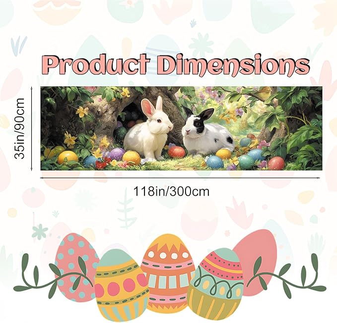 Happy Easter Bunny Fence Banner 118 x 35 Inch, Large Waterproof Outdoor Easter Banner with Cute Rabbits & Colorful Eggs for Yard Porch Fence Spring Party Decorations