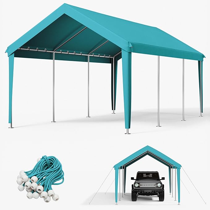 12 x 20 Ft Carport Replacement Cover, Heavy Duty Outdoor Car Tarp Canopy, Waterproof & UV Protected Tear Oxford Tarp with Ball Bungees (Frame is Not Included)