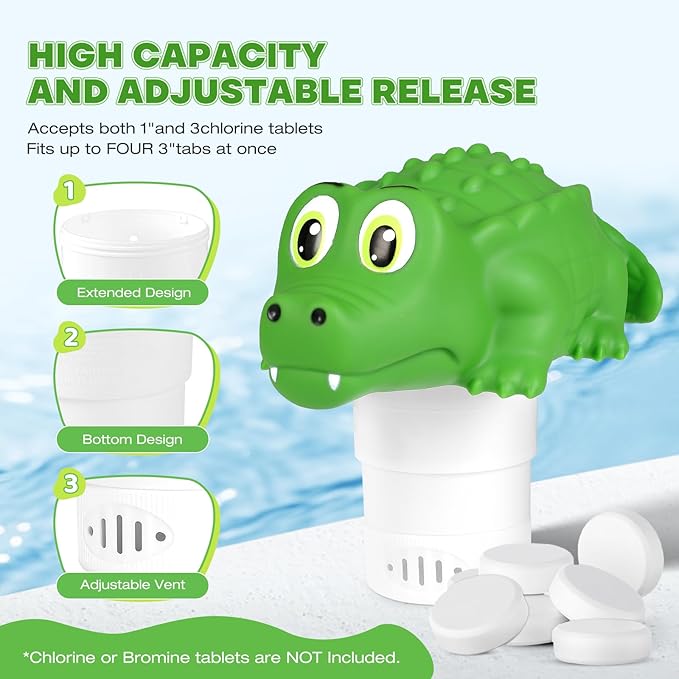 Pool Chlorine Floater,Large Capacity Floating Chlorine Dispenser-Fits 1 & 3 Inch Tablets,Hard Plastic Material Prevents Aging,Applicable to Swimming Pools, Spas, Hot Tubs (Crocodile)
