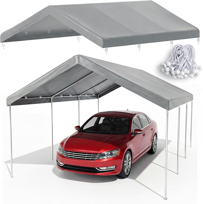 10x20 FT Carport Canopy Replacement Cover, Heavy Duty Car Garage Top Tent Shelter Tarp, Waterproof & UV Protected, Easy Installation with Ball Bungees, Gray (Frame Not Included)