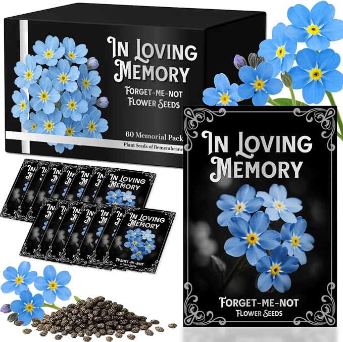 60Pack Forget Me Not Seeds Bulk - Memorial Seed Packets for Funeral Favors, Celebration of Life, Remembrance Gifts - Easy Planting Spring Flower Seeds Outdoor Garden Decor