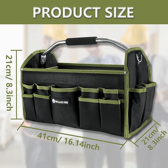 16in Foldable Open Top Tool Tote, Tool Bags For Men Heavy Duty, Tool Carrier tool bag hard With Handle, Wide Mouth Electrician Tool Tote, Many Pockets Can Hold Many
