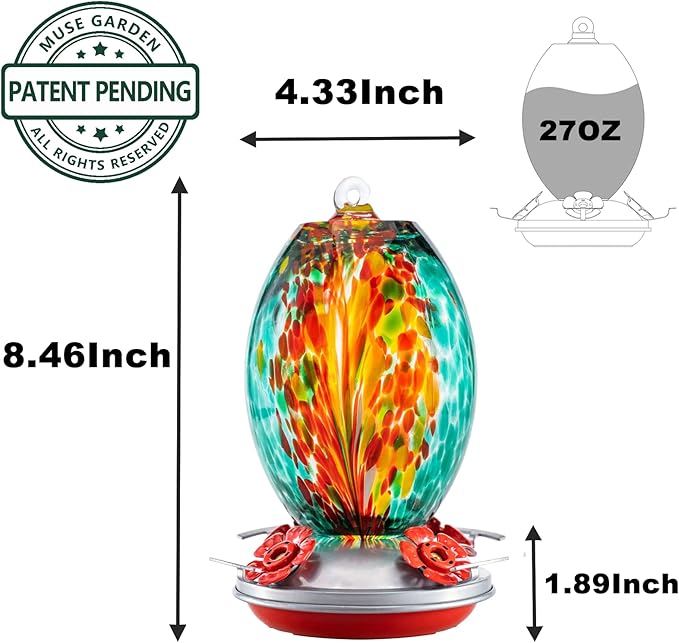 Muse Garden Glass Humming Bird Feeders for Outdoors - 27OZ Blown Glass Hummingbird Feeder - Unique Gift Mom Women, Outdoors Hanging Garden Decor, Includes Ant Moat & Brush, Emerald Peacock