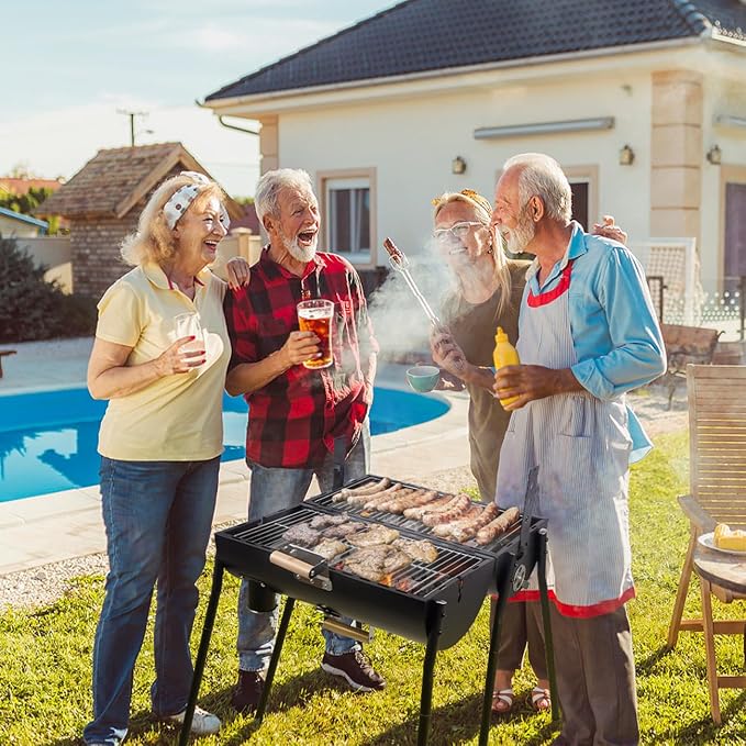 Portable Charcoal Grill with Thermometer - Barrel Charcoal Grills with Central Rotisserie Rack Double-sided Smoker Grill Outdoor BBQ Grill, Perfect for Backyard Camping, Patio Parties and Picnics