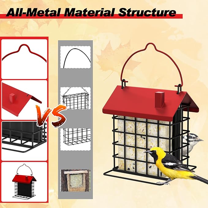 Gbekery All-Metal Double Suet Bird Feeder for Outdoors Hanging, Suet Cake Cage Holder with Weather-Resistant Roof & Perch for Outside Garden, Red