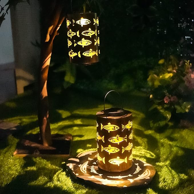 HONGLAND Solar Lanterns Outdoor Father Day Birthday Gifts for Women, Waterproof Hollowed-Out Fish Design with Warm White LED, Auto On/Off Solar Hanging Lights for Garden, Patio, Porch Decor