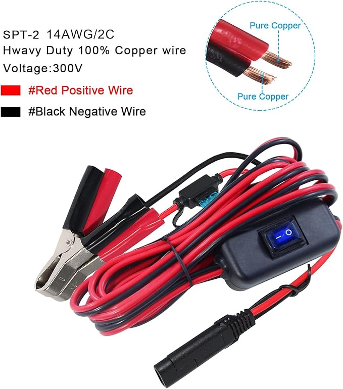 SAE to Battery Alligator Clip - 12V SAE 2Pin Quick Disconnect Cable 10ft SAE to Battery Clamp Cord 15A Fuse (10FT)