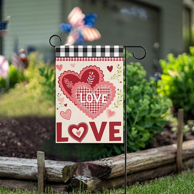 Pfrewn Valentine House Flag 28 x 40 Double Sided, Sweet Love Hearts Plaid Garden Yard Flags Welcome Spring Outdoor Indoor Banner for Wedding Party Home Decorations