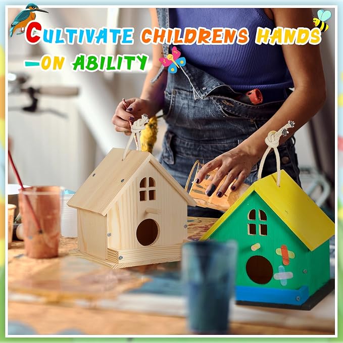 Juexica 2 Pack DIY Birdhouse Kits for Kids Ages 6+ Build and Paint Wooden Bird House Arts and Craft Project with Paint Strips Brushes for Boy Girl Adult Classroom Indoor Outdoor Crafts (Window)