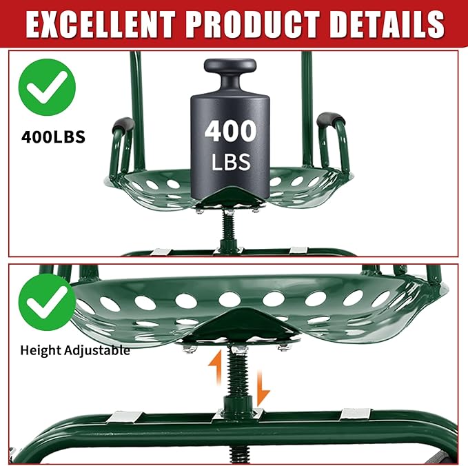 Garden Cart Rolling Workseat with Wheels, 360° Swivel Gardening Stool, Extendable Steering Handle & Utility Tool Tray, 10-Inch Inflatable Tires, Reinforced Steel Construction for Patio, Yard, Outdoor