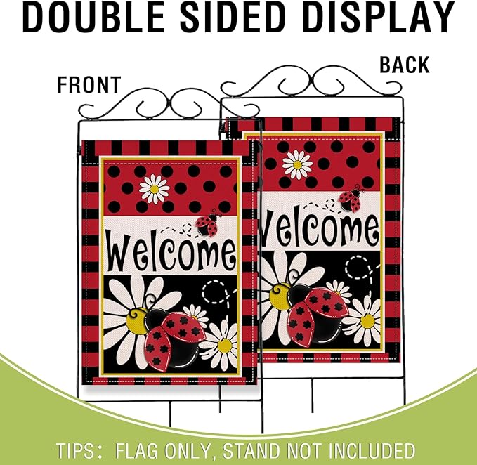 Artofy Welcome Spring Summer Ladybug Daisy Flower Large Decorative House Flag, Red Black Polka Dots Yard Garden Outside Decor, Seasonal Burlap Outdoor Home Decoration Double Sided 28 x 40
