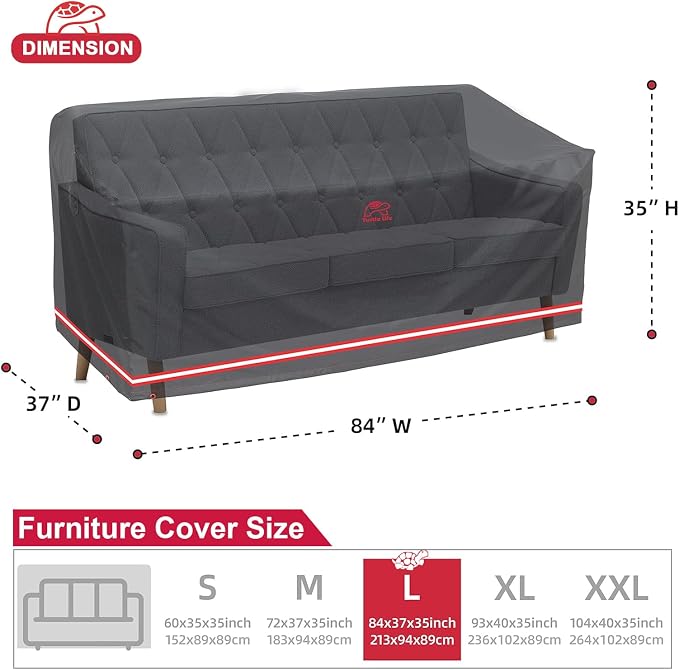 Turtle Life Patio Sofa Cover, Outdoor Heavy Duty Durable UV Water Resistant Anti-Fading Loveseat Cover with 2 Upgrade Air Vents and 2 Buckles, Black, 84" W x 37" D x 35" H