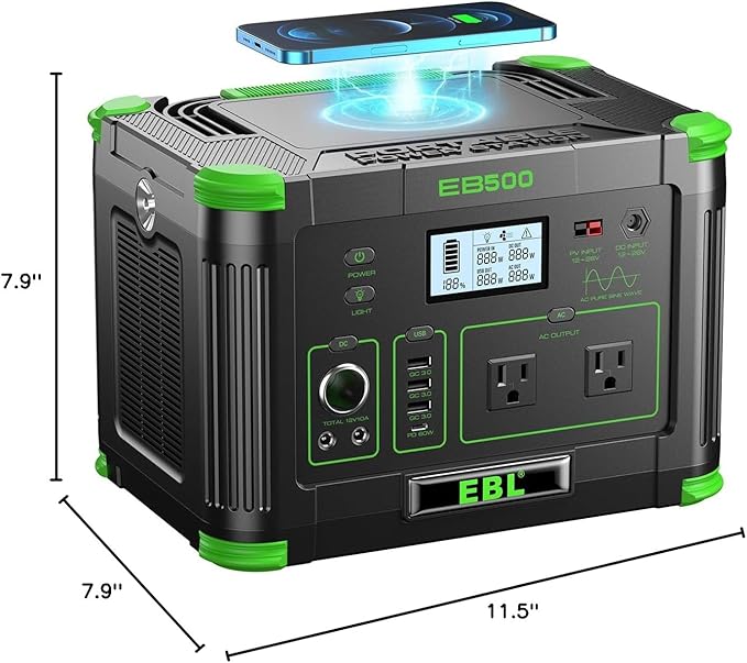 EBL Portable Power Station 500w(Peak 1000W), Camping Solar 519Wh Outdoor Solar Generator Backup Battery Pack with 2 110V AC Outlets, 10-Port Powerhouse for Outdoor and Indoor Emergency Use