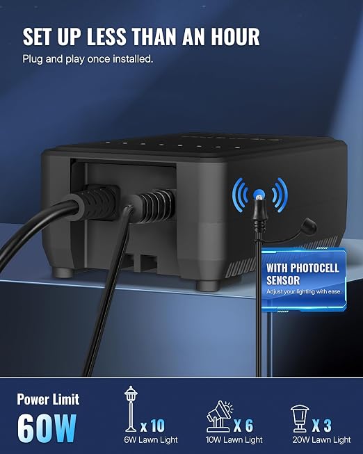 60W Low Voltage Landscape Transformer, Weatherproof Outdoor Low Voltage Transformer, 120V AC to 12V DC, Landscape Lighting Transformer with Timer and Photocell Sensor, ETL Listed A01LT06