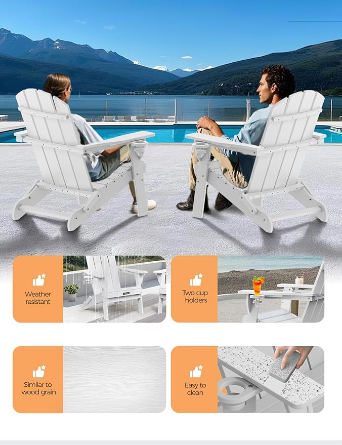 Folding Adirondack Chair Set of 6, Wooden Textured Plastic Adirondack Chairs with 2 Cup Holder, Weather Resistant HDPE Fire Pit Chair, Outdoor Patio Chairs for Garden, Backyard, Lawn, Deck, White