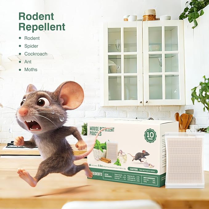 Pest Repellent Pouches, Peppermint Oil for Rodent, Mouse, Rats, Spider, Squirrel, Pest Control Indoor & Outdoor, Natural Mouse Deterrent Replace Traps Family & Pet Safe(10 Pack)