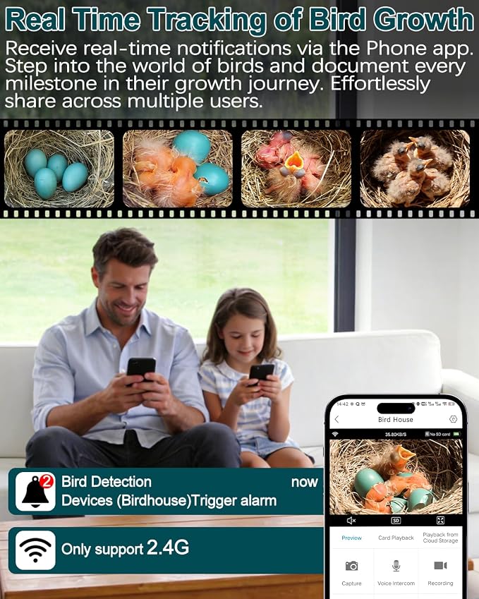 Bird House with Camera, Wireless Birdhouse for Outside with 2K HD Camera, 2.4G WiFi, App Notify, Solar Powered, Night Vision, AI Identify, Ideal Bird Nesting for Blue Bird and Cardinal