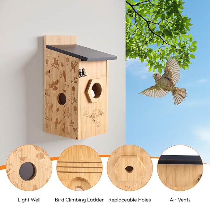 Smart Bird House with Camera – Bamboo Carving, AI Bird Recognition,IP66 Waterproof, Two-Way Audio, App Control,4MP Full-Color Night Vision,Solar-Powered,Cloud & SD Storage (Solar Birdhouse)