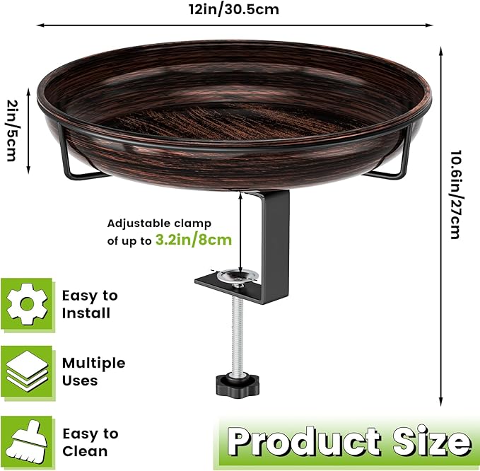 Deck Mounted Metal Bird Bath for Outside, Detachable Birdbath Bowl with Adjustable Steel Clamp, Outdoor Bird Feeder for Railing Balcony Fence Yard Art Garden Decor (Vintage Bronze)