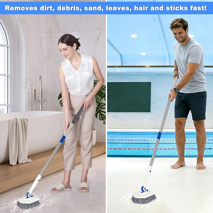 Pool Brush Floor Scrub Brush with 52" Adjustable Long Handle,Shower Swimming Pool Brush for Glass Doors,Bathroom,Kitchen,Tile,Car Glass,Marble Floors