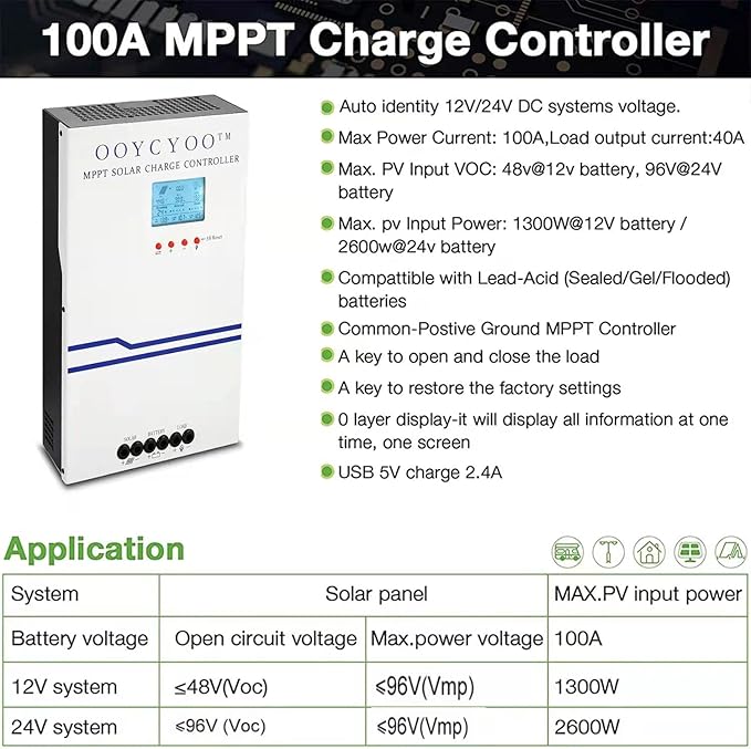 100 Amp MPPT Solar Charge Controller 24V 12V Auto, 100A Solar Panel Regulator Max Input Power 2500W, for AGM Sealed Gel Flooded Lithium Battery