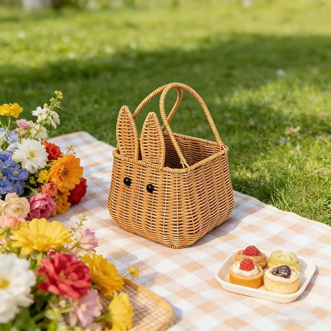 Picnic Basket, Garden Harvest Basket, Wicker Shopping Baskets with Foldable Handles, Reusable Handwoven Market Baskets for Carrying Shopping Storage Gathering (Brown, Bunny Ears)